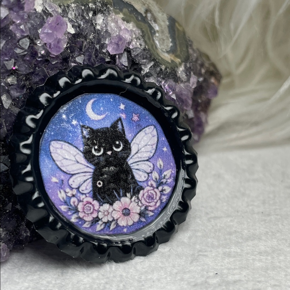 Black Fairy Cat Bottle Cap Pin with Purple Floral Moon Design